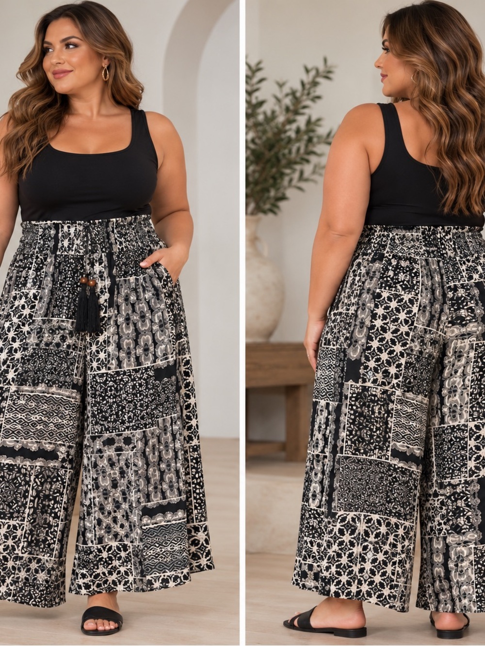Rose & Olive Black and Cream Patchwork Wide-Leg Pants